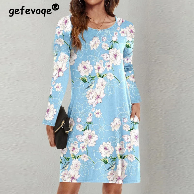 

Women's Clothing Vintage Floral Print Pockets Elegant Dresses Spring Autumn Female Fashion O Neck Long Sleeve T Shirt Midi Dress