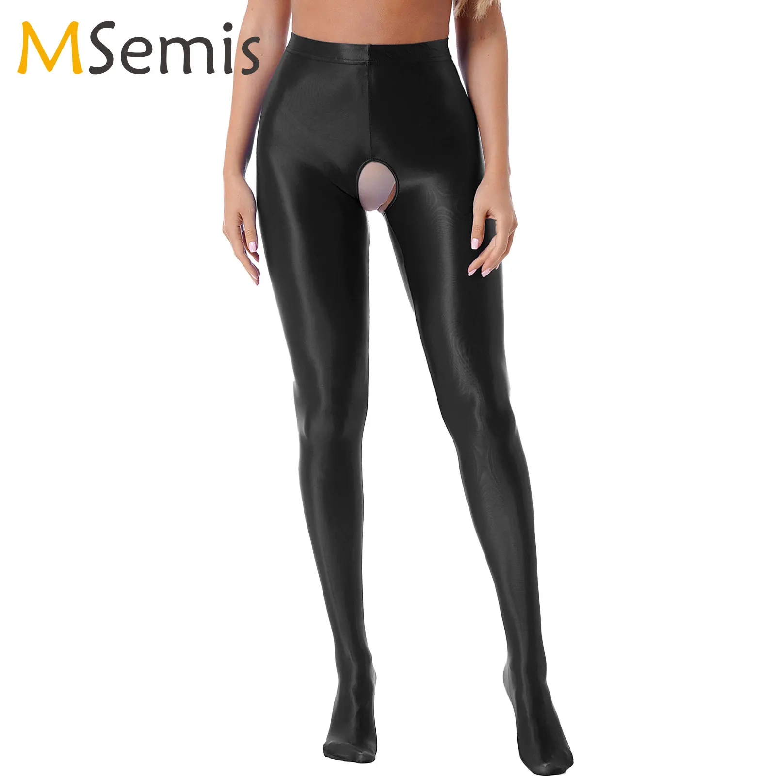

Womens Glossy Crotchless Pantyhose Sexy High Waist Oily Shiny Tights Leggings Pants Exotic Wetlook Open Crotch Tights Stockings