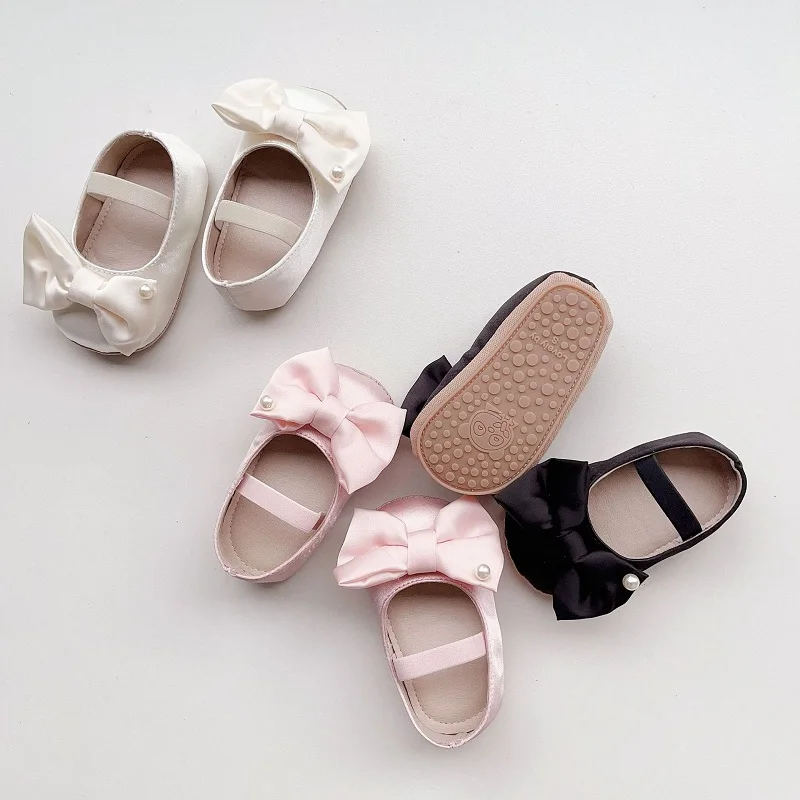 Cute Baby Shoes 2024 Spring Newborn Princess Girls Solid Color Pearl Bow Soft Tole Non-Slip PU Leather First Walkers 0-18Months