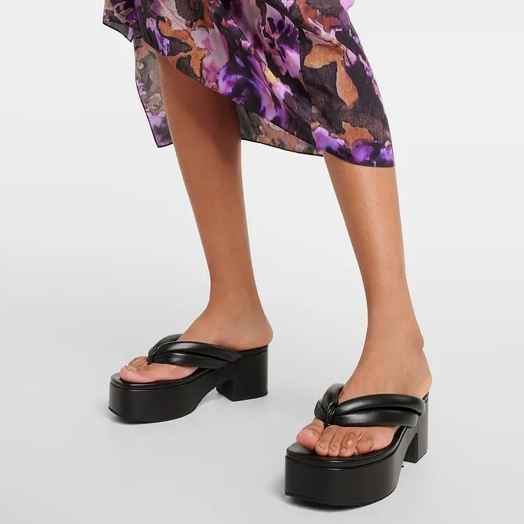 

Women's Black Open-Toe Platform Thong Sandals with Chunky Heel