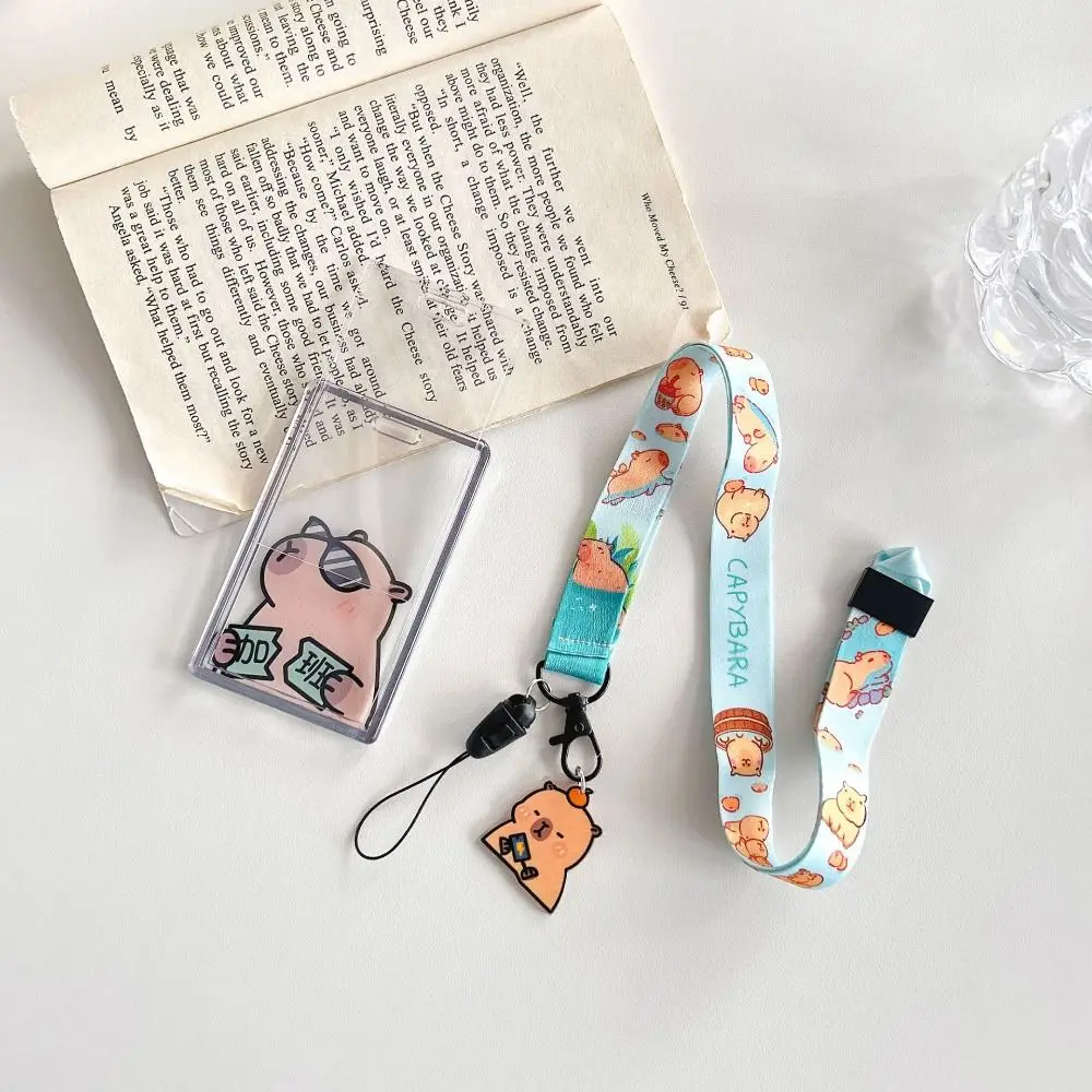 Sliding Cartoon Card Case Acrylic Bus Card Cover Capybara Holder ID Long Cord Transparent Holder