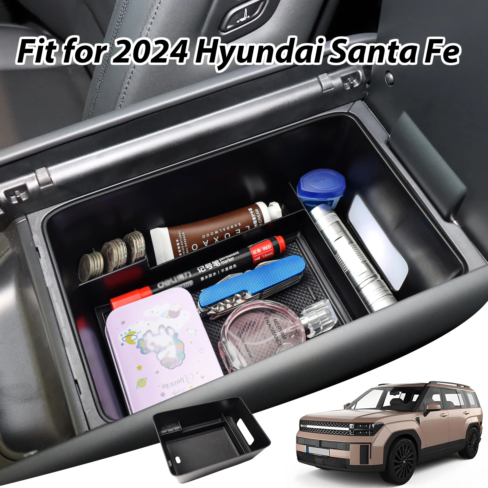 

SixthSmoy for 2024 New Hyundai Santa Fe Center Console Tray Organizer ABS Accessories Armrest Box Storage Car Insert Organizer