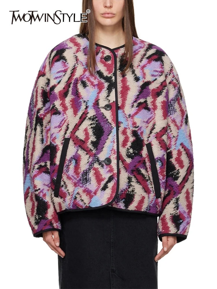 

TWOTWINSTYLE Colorblock Patchwork Pocket Coat For Women Round Neck Long Sleeve Spliced Single Breasted Casual Coats Female New