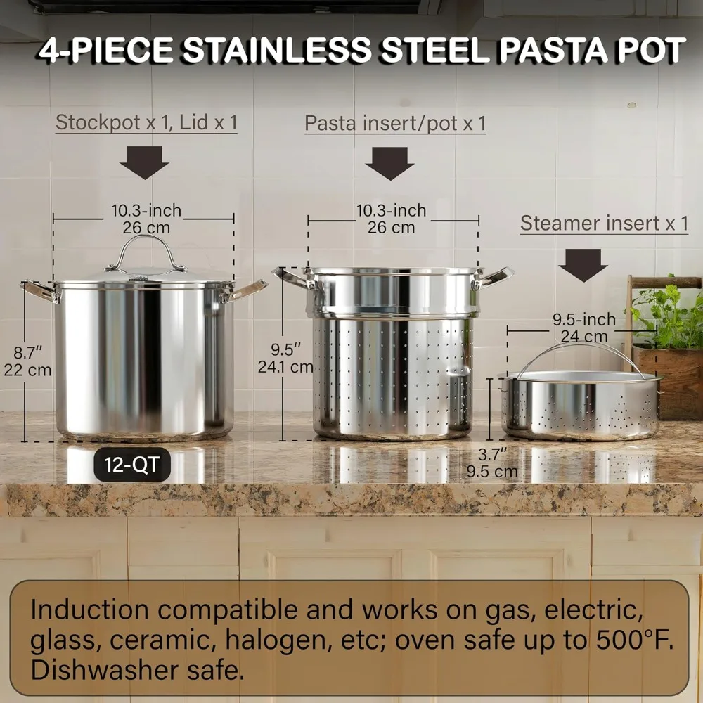 Cooks Standard Pasta Pot 18/10Stainless Steel 12Quart,Spaghetti Cooker Steamer Stock Pot Multipots Strainer Insert,Stainless