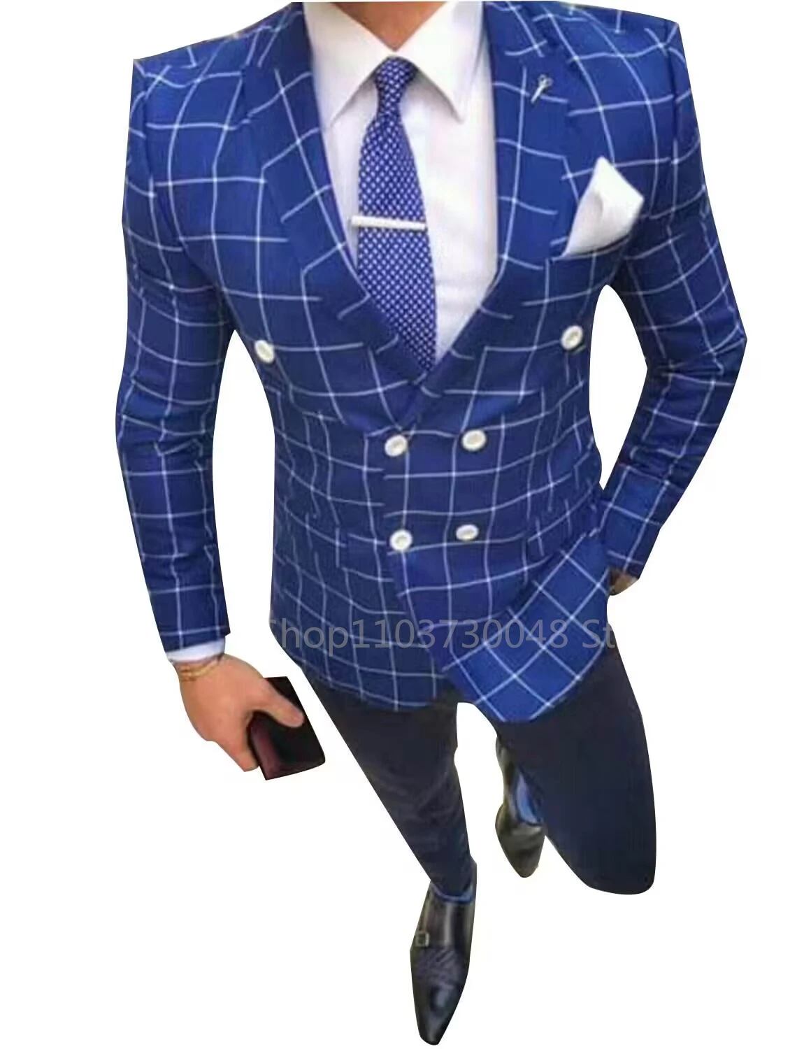 Men's Two Pieces Suit Double Breasted Peak Lapel Blazer Blue Plaid Wedding Daily Dinner Prom Business Tuxedos(Jacket+Pants)