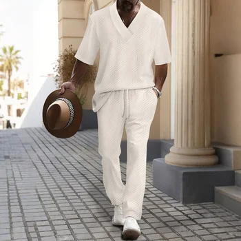 Spring/Autumn 2025 Men's casual daily V-neck half-sleeve top solid color trousers two-piece set