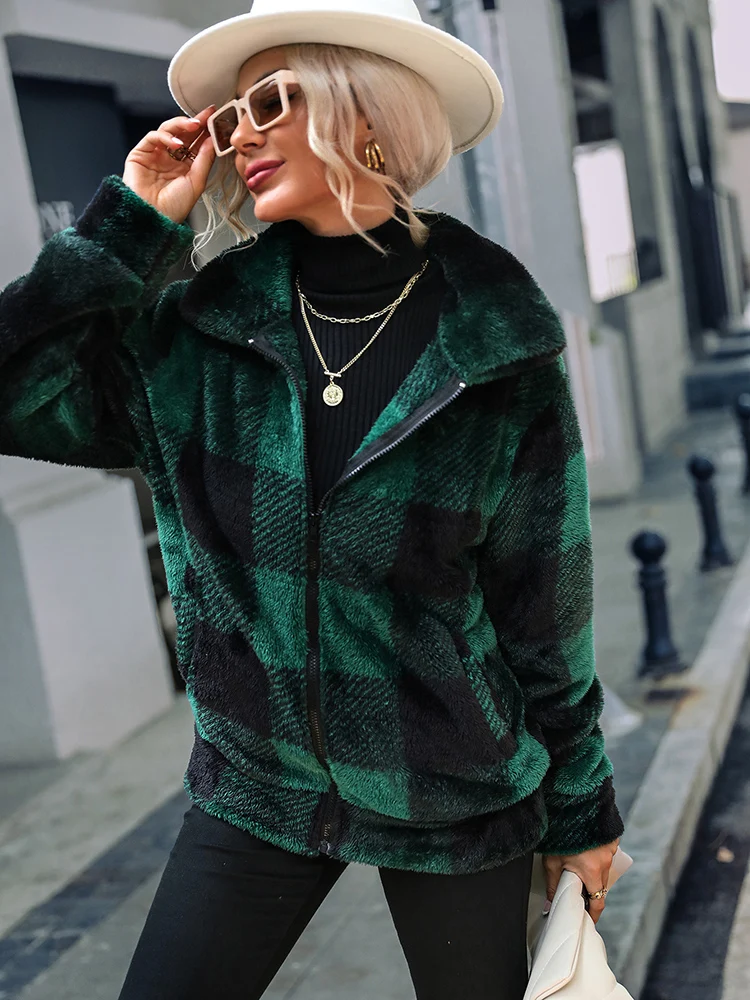 

WYWMY Vintage Lambswool Warm Winter Coat Women's Long Sleeve Stand Collar Plaid Printed Zipper Jacket Double-Sided Plush Coat