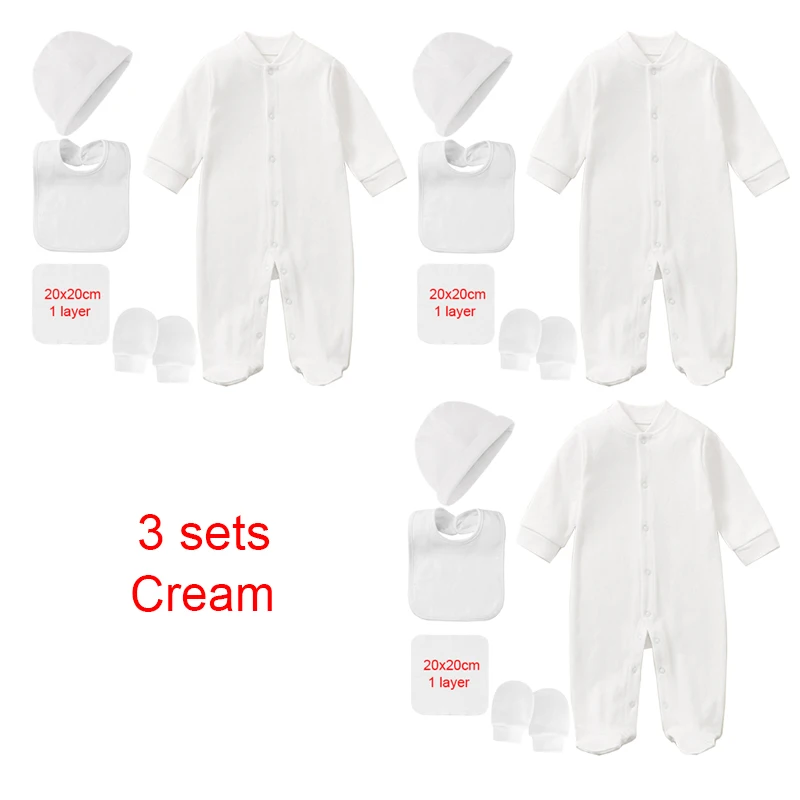 

3 Sets Newborn Baby Clothing Sets Romper Bonnet Bibs Towel Mittens Sleepsuit Wholesale Jumpsuit Growing One-Pieces Sleeper Roupa