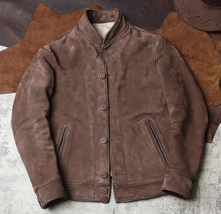 

YR!Free shipping. Mens Real frosted cowhide jacket,Vintage brown classic casual genuine leather coat.quality leather cloth.