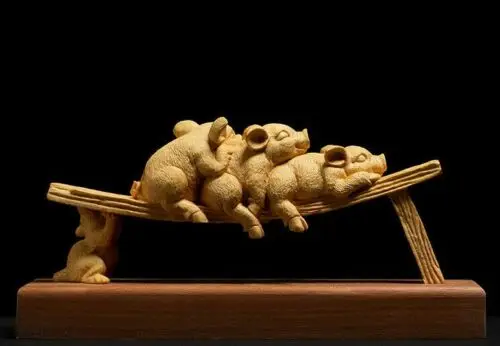 

D073ca - 20*9.5*6 CM Carved Boxwood Carving Figurine Home Decor : Lovely Pigs