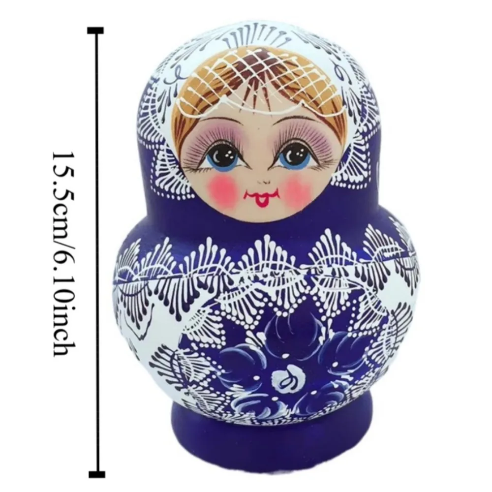 10Pcs/Set Ornament Wood Russian Nesting Dolls Blue Floral Print 10 Layer Matryoshka Wooden Toys Handmade Cartoon Stacking Dolls