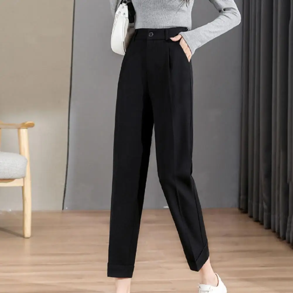 

Woman Pants High Waist Elastic Waistband Button Fly Slant Suit Pants Pocket Straight Leg Draped Office Trousers Women's Clothing