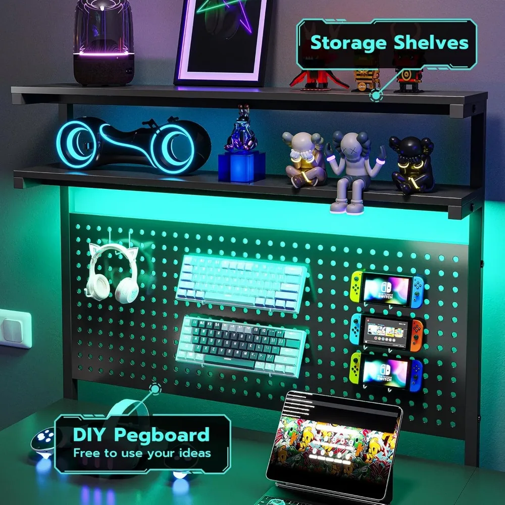 L Shaped Gaming Desk with LED Lights, Pegboard and Drawers, Gaming Desk with Hutch, Computer Desk with Monitor Stand, Sto 4