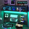 L Shaped Gaming Desk with LED Lights, Pegboard and Drawers, Gaming Desk with Hutch, Computer Desk with Monitor Stand, Sto 4