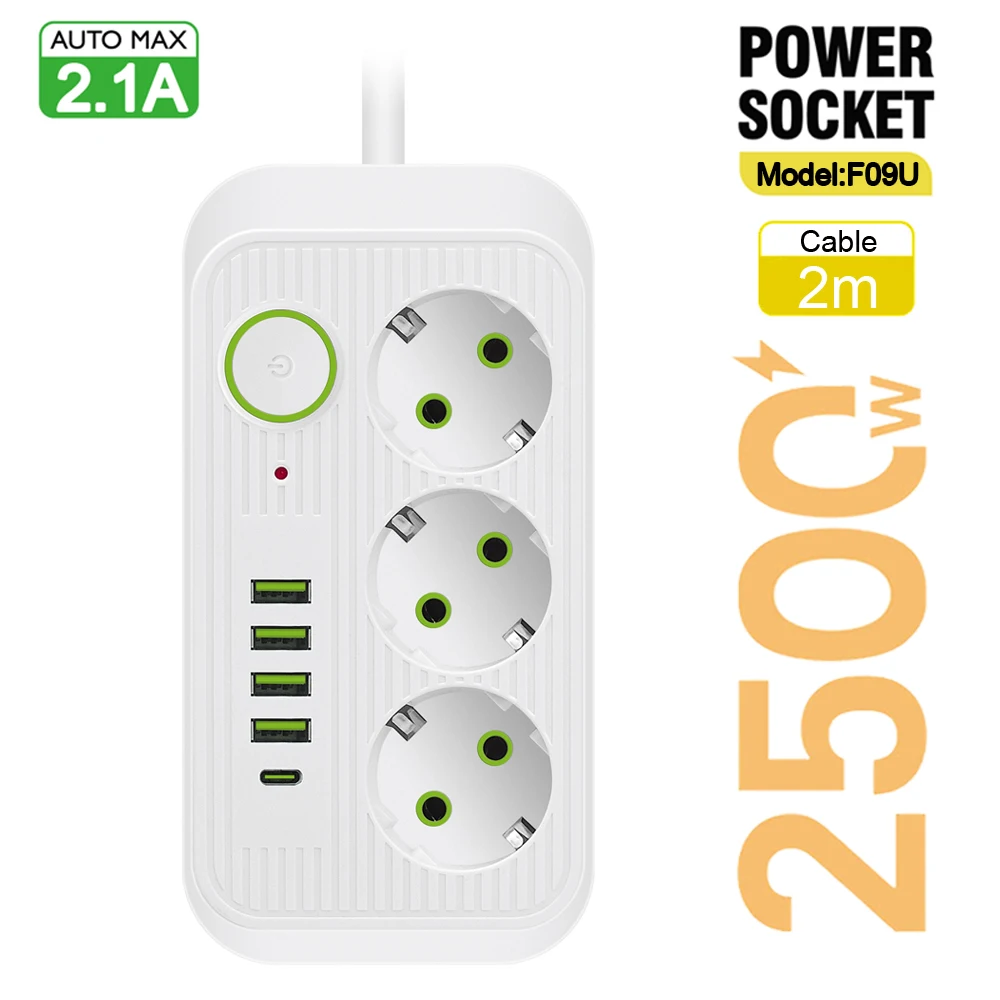 

EU Plug AC Outlets Multitap Socket Extension Cord Electrical Power Strip With USB Type C PD Fast Charging Network Filter Adapter