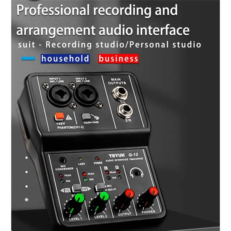 TEYUN Q-12 Sound Card Audio Mixer Sound Board Console Desk System Interface 4 Channel 48V Power Stereo Computer Sound Card