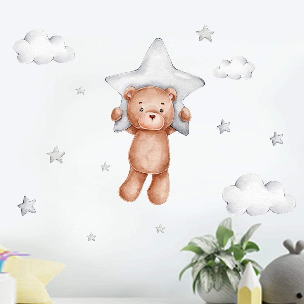 Funy Cute Bear Wall Stickers Cartoon Animals Flying Stars Cloud for Nursery Home Decor Art Kids Room Decal PVC Removable Posters wall stickers