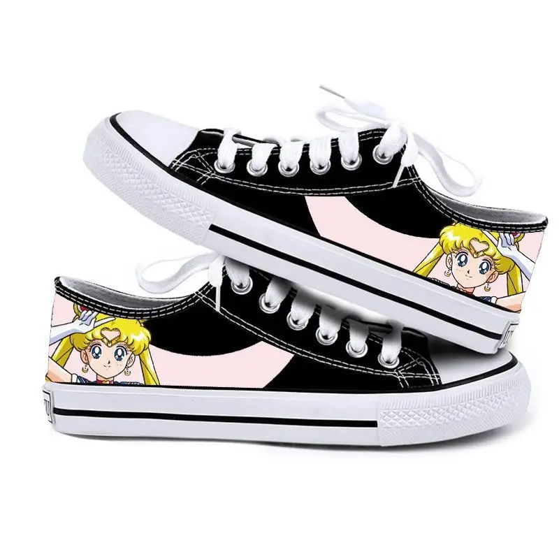 Zapatos de lona de corte bajo con grafiti pintado a mano creativo de Sailor Moon, zapatillas casuales simples y cómodas para estudiantes