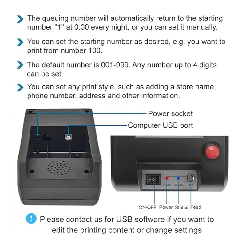 KOQICALL Ticket Dispenser Take a Number 57mm Receipt Label Ticket Thermal Printer for Queue Can Edit Print Text via PC