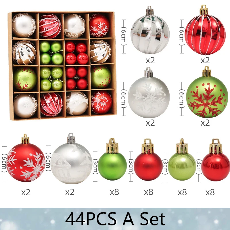 thumbnail image 1 of Juego de 44/42 bolas navideñas de 6 cm para colgar en el árbol de Navidad, adornos de caja de regalo pintados y galvanizados para el hogar, regalo de Año Nuevo 2024, 1 of 5