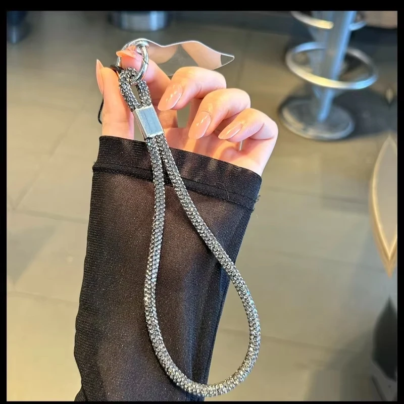 Glitter Crystal Wrist Strap Keychain with Anti-Lost Rope and Universal Bling Hanging Cord