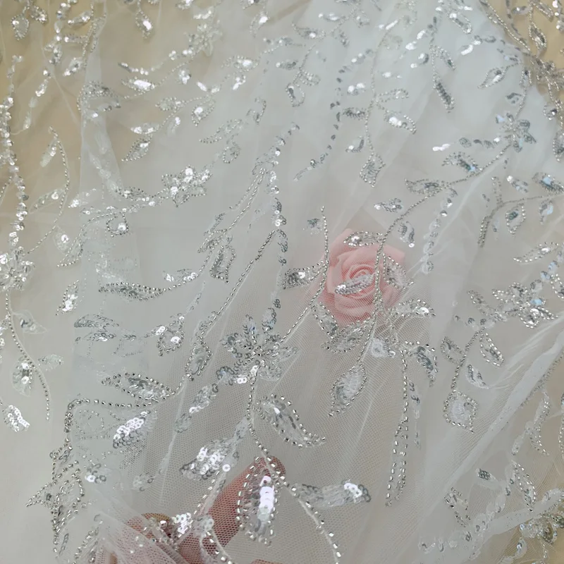 

Silver Leaf Embroidery Beaded Wedding Dress Lace Fabric Accessories