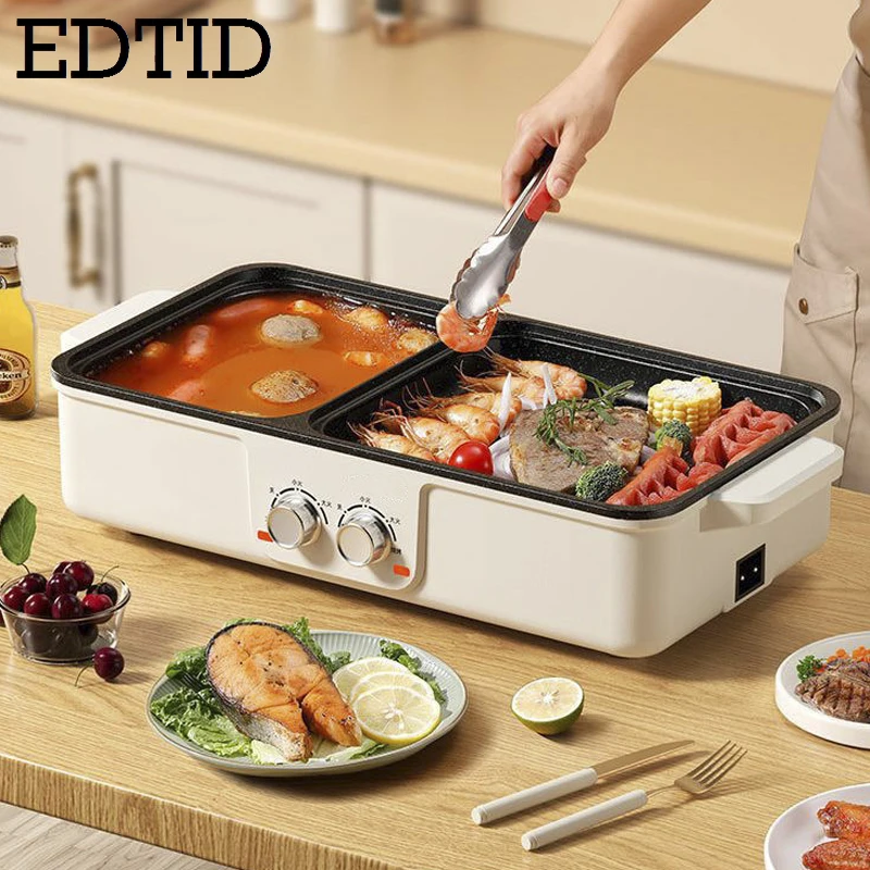 EDTID Multifunctional Electric Hot Pot Cooker Boilling Frying 2 IN 1 Pot BBQ Grill Non Stick Frying Pan Barbecue Plate Roaster