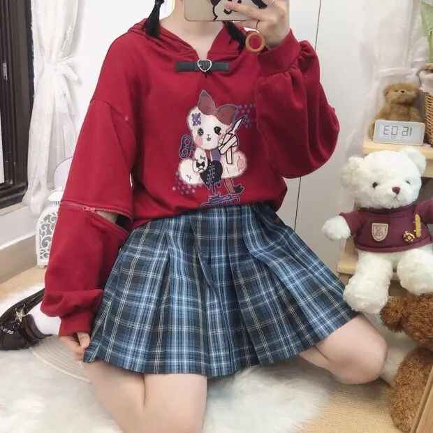 Autumn Sleeves Detachable Bear Print Pullover Hooded Sweatshirt Sweet Women Kawaii Buckle Neck Hoody Teenager Girl Outwear