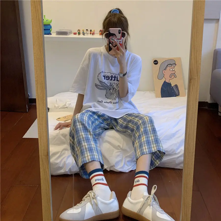 Spring New Plaid Sports Casual Straight Pants Women's Korean Version Loose Wide Leg Pants Trend 5