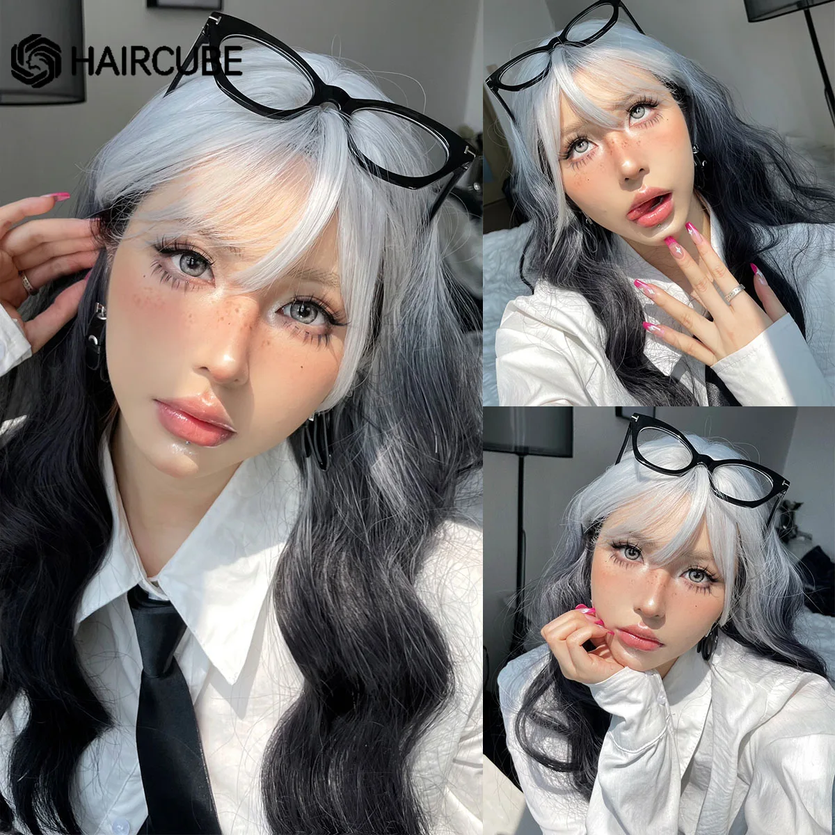 

HAIRCUBE Long Wavy Black Synthetic Wigs With Gray Bangs Natural Hair Wigs for Women Cosplay Halloween Heat Resistant Fiber Wigs