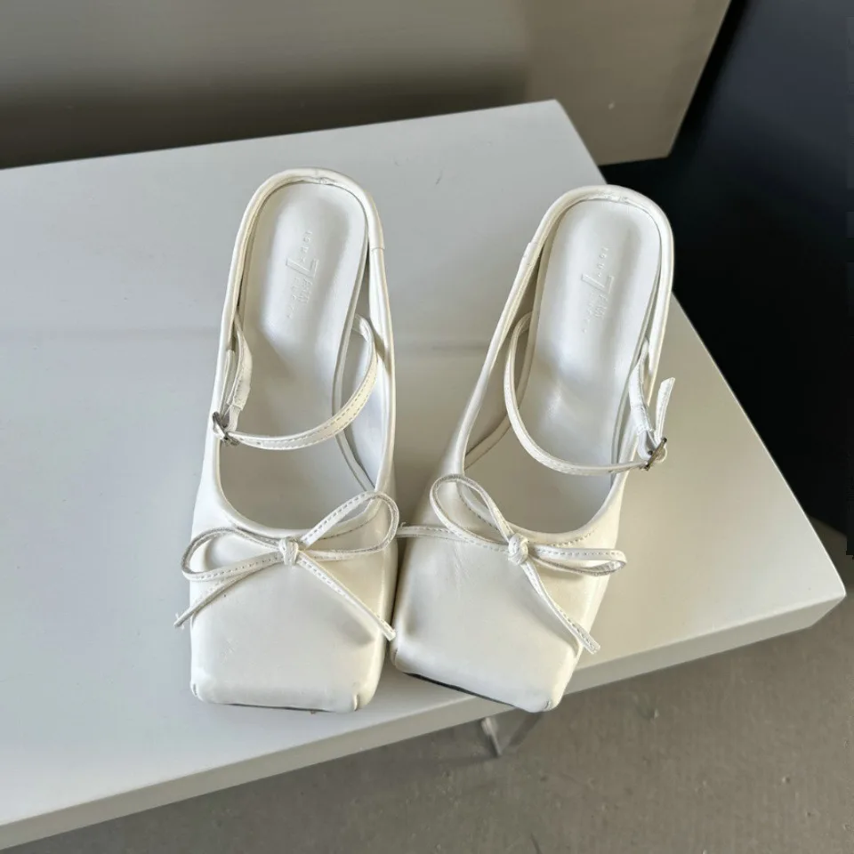 Summer New Fashionable Square Headed Bow High Heel Slippers Women's Back Hollow Thin Heel Baotou Muller Slippers