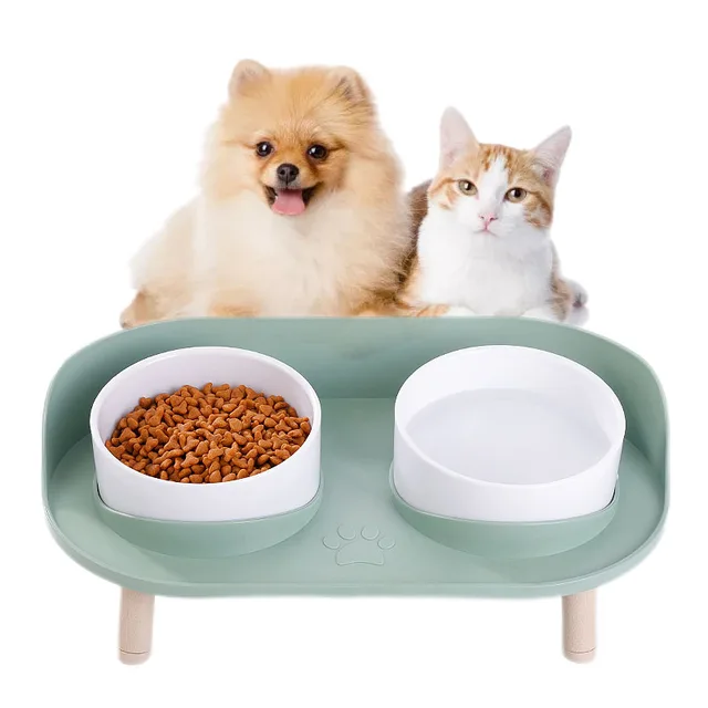 Cat Double Bowl Safety with Wood Stand and Silicone Mat Kitten Puppy Food Water Feeding Elevated Dish Dog Supplies Spill-Proof Cat Double Bowl Safety with Wood Stand and Silicone Mat Kitten Puppy Food Water Feeding Elevated Dish Dog Supplies Spill-Proof