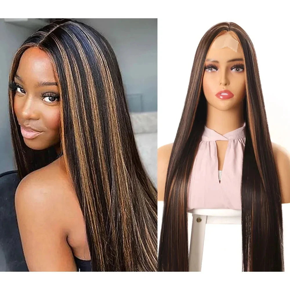 

Long Straight Black Mixed Brown Synthetic Wigs 30 Inch Black Long straight Wigs for Women Natural Heat Resistant Wigs