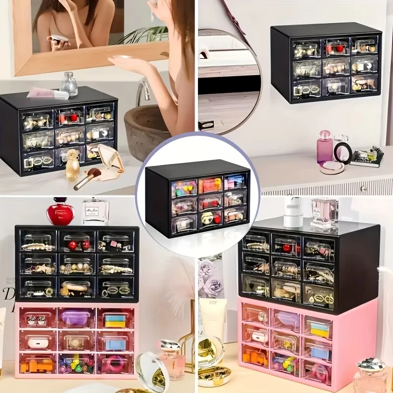 Organizzatore da Scrivania a 9 Scomparti, Cassetto Trasparente per Ufficio, Contenitore per Oggetti Vari, Montabile a Parete - immagine 2
