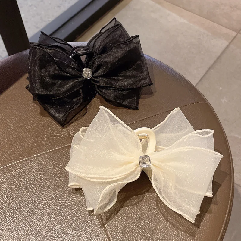 Korean Large Butterfly Knot Hair Clip Summer Mesh Rhinestone Versatile Shark Clamp Women's Headwear Professional Salo