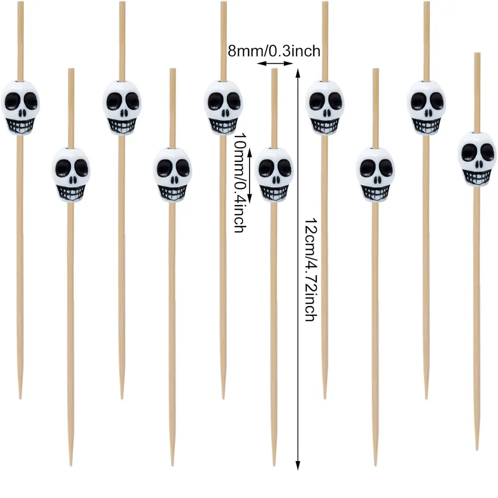 100pcs/bag Bamboo Food Picks Toothpick Set Skull Head Cocktail Picks for Fruit Food Hamburger Cupcake Halloween
