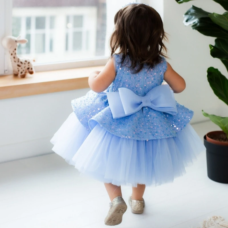 Blue Flower Girl Dresses Tulle Sequin With Bow Sleeveless For Wedding Birthday Party First Communion Gowns