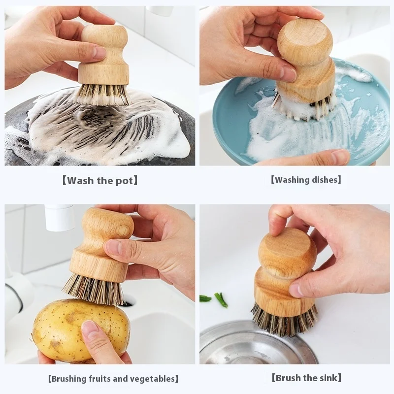 Solid Wood Dishwashing Brush Pot Brush Short Handle Sisal Dishwashing Utensil Household Coconut Palm Dishwashing Brush Kitchen