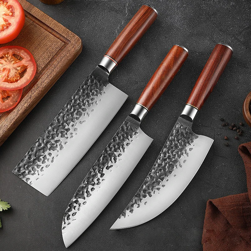 

Hammer Forged Household Kitchen Knives Japanese Chef's Knife Butcher's Boning Knife Meat Cleaver with Red Sandalwood Handle