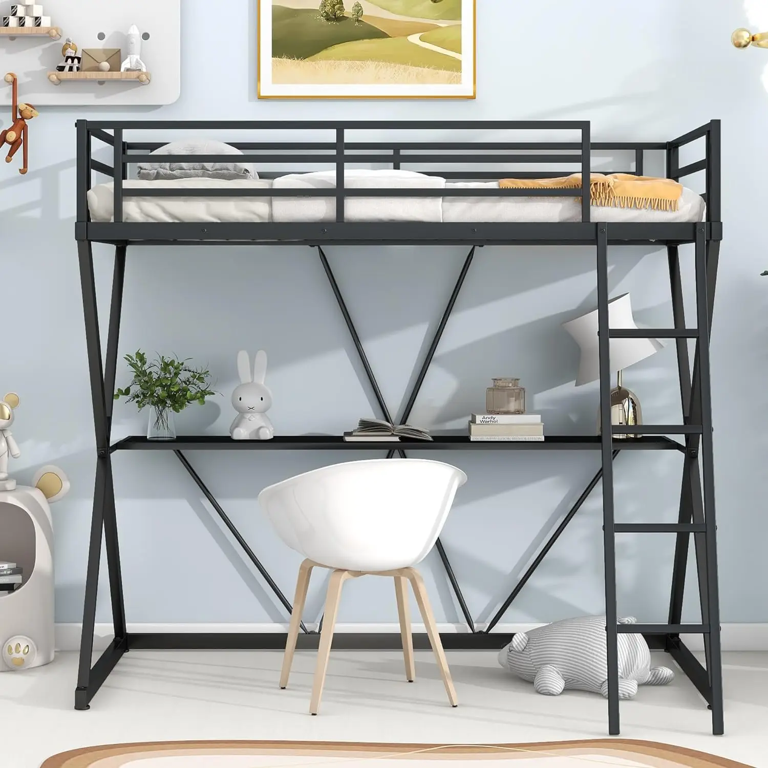 

Twin Size Metal Loft Bed with Wood Desk and Ladder, X-Shaped Twin Size Bedframe w/Full-Length Guardrails, for Kids Teens Adults