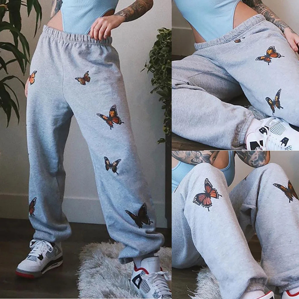 Women Fashion Butterfly Printed Pants High Waist Sports Running Cargo Pants Casual Streetwear Trousers Grey Sweatpant Long Pants