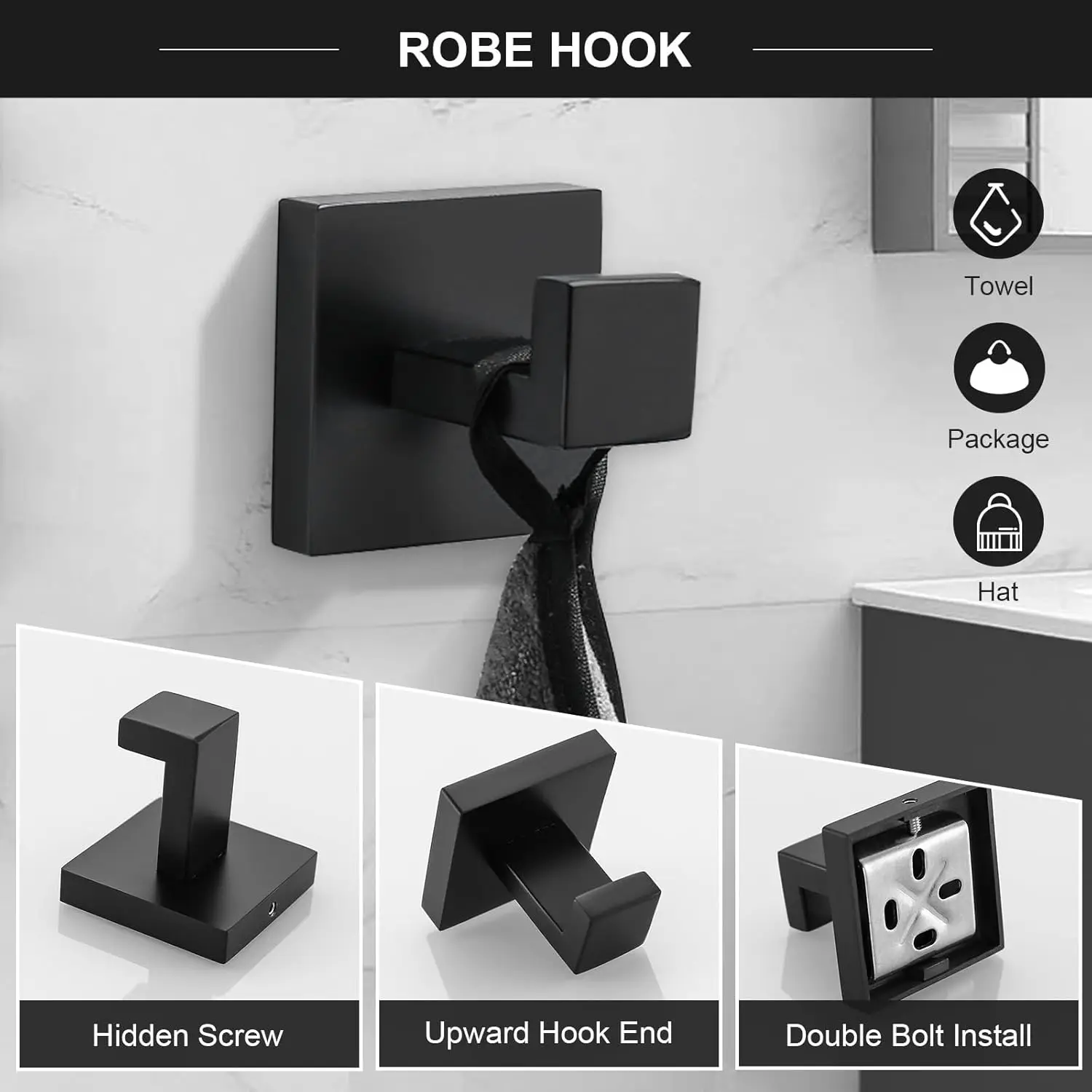 6-Piece Bathroom Set: Matte Black 23.6" Towel Bar, Towel Ring, Coat Hook, Toilet Paper Holder. Stainless Steel. Wall-Mounted.