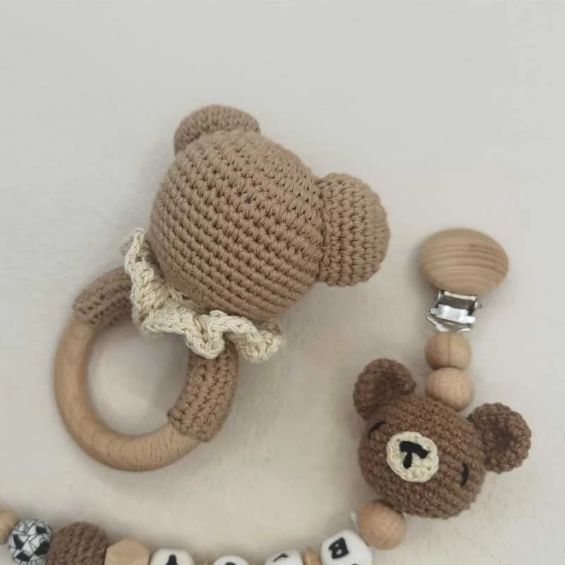 Baby Rattle Crochet Bear Teether Rattle With Bells Pacifier Chain Newborn Montessori Educational Toy Wooden Rings Baby Toys 3