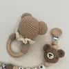 Baby Rattle Crochet Bear Teether Rattle With Bells Pacifier Chain Newborn Montessori Educational Toy Wooden Rings Baby Toys 3