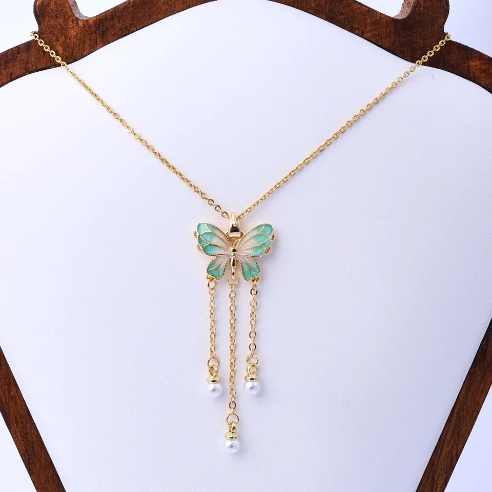Gold Enamel Butterfly Necklace with Pearl Pendant