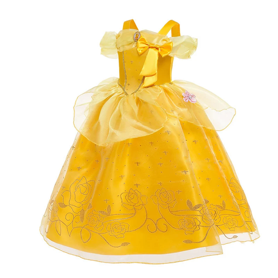 ベルプリンセスコスプレドレスガール黄色花柄オフショルダー