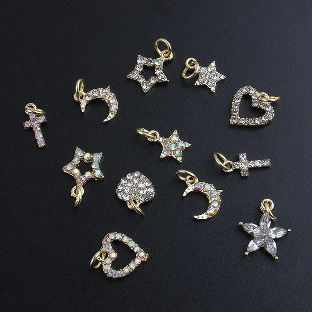 10Pcs Clear AB Hollow Dangle Golden Nail Charms Piercing Jewelry With Diamond Pearl Designer Nail Arts Hoop Pendants Ornament 8# 2022 s metal chic charms piercing dangle pendant heart star moon cross christian angel zodiac nail hoop design pierce alloy 56ec