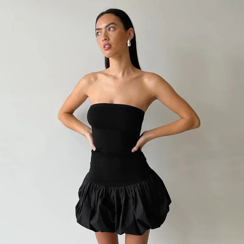 Summer Fashion Ruffled Mini Dress For Women Contrast High Waist Bandeau Patchwork Backless Dress Female Sexy Mini Dress