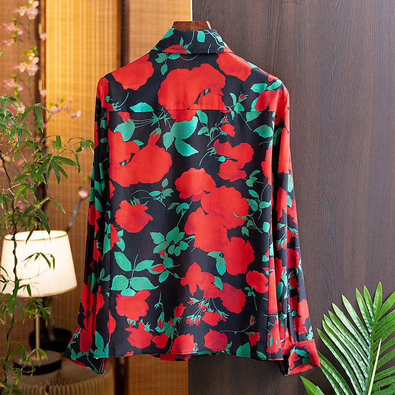 YCMYUNYAN-Silk Printing Blouses for Women, Long Sleeves, Floral Shirts, Korean Loose, Turn-Down Collar, New Casual Top, Summer
