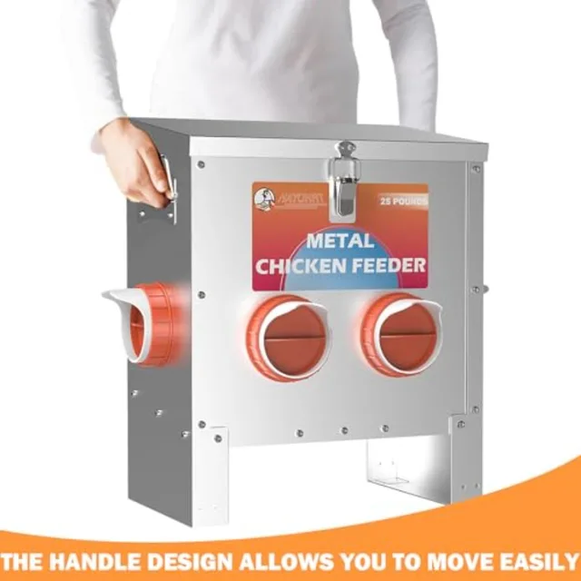 Automatic Chicken Feeder No Waste 25 Pounds Metal Poultry Feeder with Latch and Handle for Chickens Bantams Pheasants Poultry C